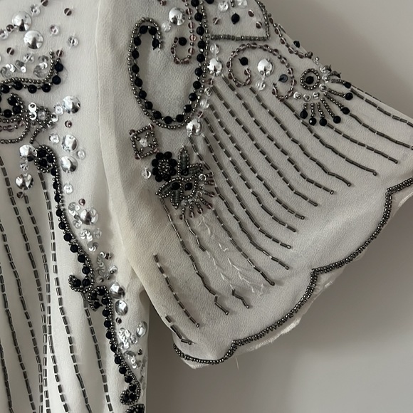 White Beaded Sleeve Mini Shift Dress - Size Small - Picture 3 of 5